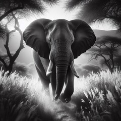 Elephant in the savannah. Black and white image. 