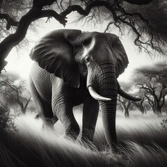 Elephant in the savanna of Africa. Black and white image.