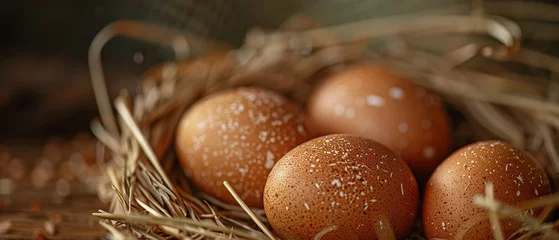 Poster Organic eggs in basket, close shot, soft daylight, natural straw background, detailed shell texture © Thanthara