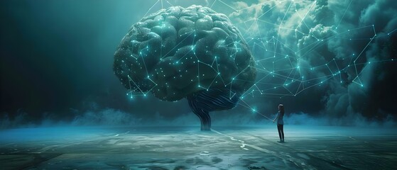 Human Contemplating AI-Enhanced Superbrain. Concept Artificial Intelligence, Human Brain, Contemplation, Technology Integration - obrazy, fototapety, plakaty