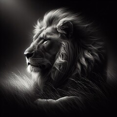 Portrait of a lion in the dark. Black and white photo. 