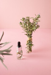 Sprigs of rosemary and bottle with pipette on the pink table. Creative minimalist concept. Copy...