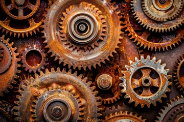 Poster Rusty industrial metal cogs and gears, vintage mechanical bronze components, close up detail machine parts © John