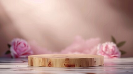 3D Advertising Wooden Empty Podium with Pink Floral Bcakground. Tender Pastel Product Presentation Mockup Template.