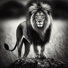 Lion standing on rock looking at camera in black and white. B&W art print. 