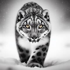Snow leopard, Panthera uncia, in the snow. 