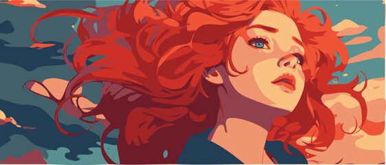 the girl with a red hair, free spirit, movie flat vector, cinematic woman illustration