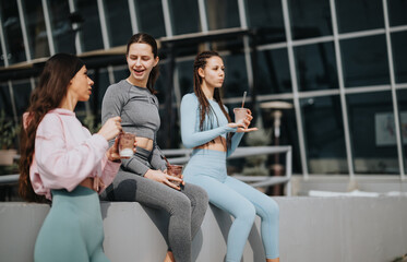 Three women in athletic wear sitting outside, sipping nutritional smoothies, and enjoying each...