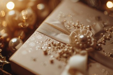 Luxurious gift box adorned with pearls and a bow amidst twinkling festive lights, ideal for holiday themes.

