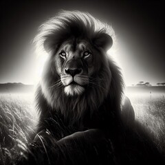 Lion in the savannah at sunset, black and white image 