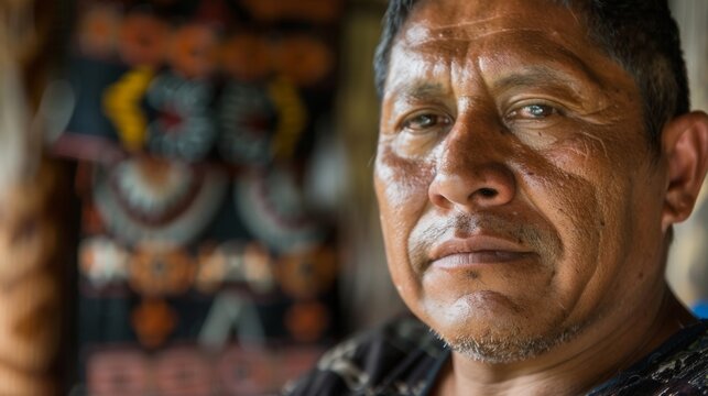A closeup portrait of a determined linguist gazing at the camera with a serious expression. In the background traditional artifacts and symbols of the dying languages culture are displayed .