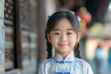Chinese girl smiling in copy-space, joyful Asian child’s portrait from China, reflecting global innocence and happiness