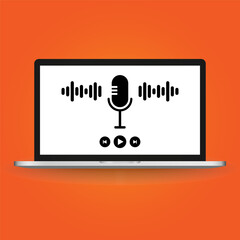 Podcast concept. Broadcasting online live streaming on laptop computer or on radio station, vector flat design illustration