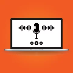 Poster Podcast concept. Broadcasting online live streaming on laptop computer or on radio station, vector flat design illustration © VectorMachine