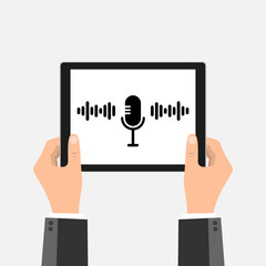 Tablet with microphone. Line icon with shadow on white background