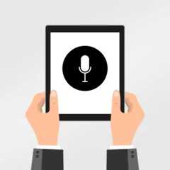 Poster Tablet with microphone. Icon for design. Blank, white and black backgrounds - Line icon © VectorMachine