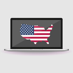Register online to vote, voting is your power. Bulletins box, USA flag on laptop screen, table, map, cup. Call to act at Presidential election campaign in United States. Flat vector banner,poster