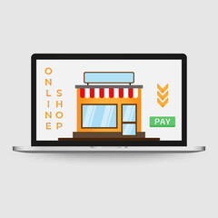 Online shopping concept with open laptop and online shop