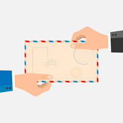 Receiving mail concept. Hand giving white paper envelope to another hand. Hand holding mail. Flat design
