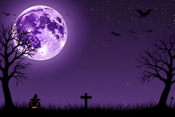 Purple background with a big moon and silhouettes of crosses on the graves