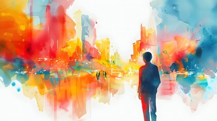 Silhouetted figure contemplating a bustling digital cityscape infused with dynamic watercolor hues - obrazy, fototapety, plakaty