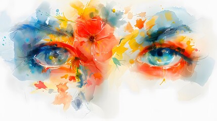 Expressive eyes captured in a watercolor fusion with vivid florals, evoking emotional artistry