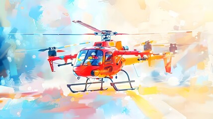 Red emergency medical helicopter drone mid-flight against a watercolor painted sky - obrazy, fototapety, plakaty