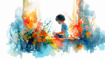 Child immersed in play amidst a burst of watercolor flowers, a tranquil moment in an abstract meadow - obrazy, fototapety, plakaty