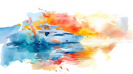 Vibrant watercolor painting of a luxury yacht sailing at sunset with reflections on tranquil sea waters