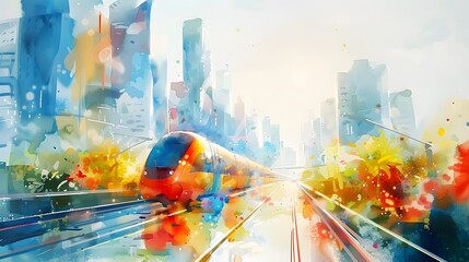 Futuristic high-speed train gliding through a metropolitan skyline, captured in a splash of watercolor hues - obrazy, fototapety, plakaty