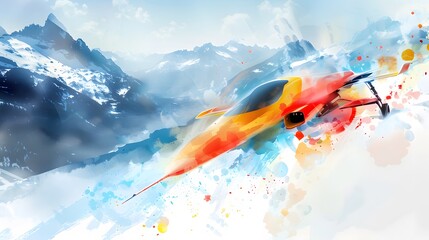 Vibrant digital painting of a futuristic personal aircraft flying over snow-capped mountains, with splashes of colorful ink depicting motion and energy