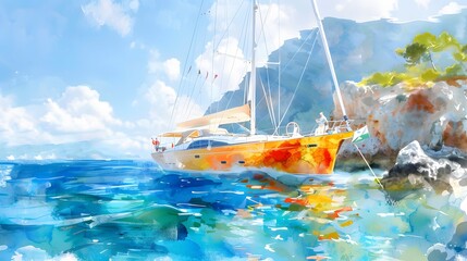 Watercolor depiction of a modern sailing yacht cruising near rocky shores with a vivid reflection on the water's surface under a clear blue sky