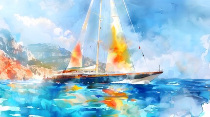 Impressionistic watercolor of a majestic sailing yacht on the open sea with fiery sails set against rugged cliffs under a vast blue sky