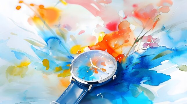 Elegant wristwatch on a vivid watercolor backdrop blending time and art in a still life composition