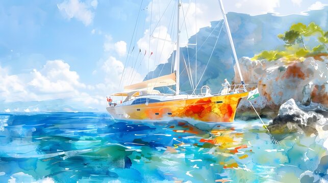 Watercolor depiction of a modern sailing yacht cruising near rocky shores with a vivid reflection on the water's surface under a clear blue sky