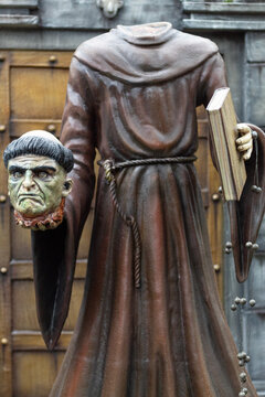 Sculpture of the headless priest in the Myths and Legends park in the Cafam vacation center, Melgar. Theme of Latin American myths and legends. Concept of terror and oral tradition.