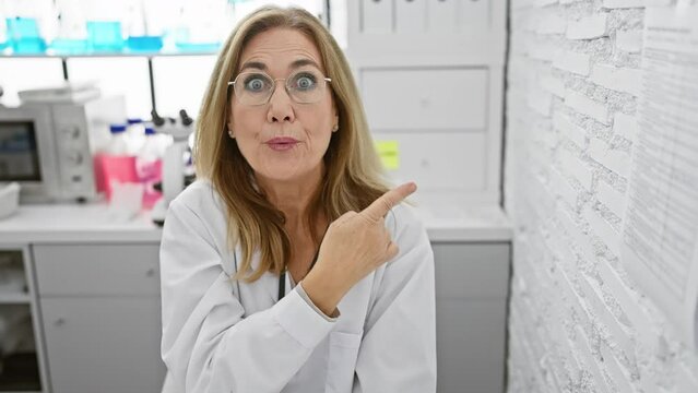 Astonished middle age blonde woman scientist sitting in the lab, pointing sideways with finger, flashing surprised open-mouthed expression.