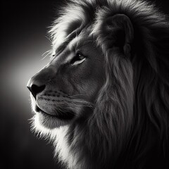 Portrait of a beautiful male lion. Black and white photo. 