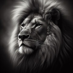 Portrait of a male lion in black and white. Animal portrait art print 