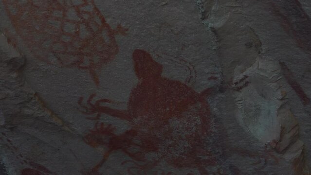 Prehistoric primitive cave art. Red painting of lizard on wall in Brazil