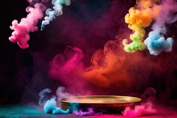 Product packaging mockup photo of magic lamp with colorful smoke, studio advertising photoshoot