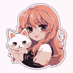 child with cat, cute anime girl with cat sticker, anime vector flat iilustration