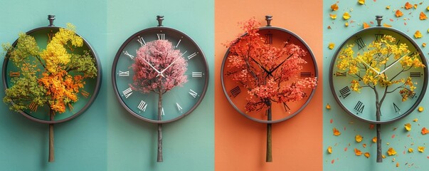 Craft a visually engaging image illustrating the transformation of clocks into conceptual art pieces that evolve with the seasons  - obrazy, fototapety, plakaty