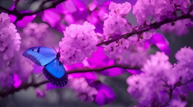 Exotic Allure Blue Morpho Butterfly on Pink Acacia