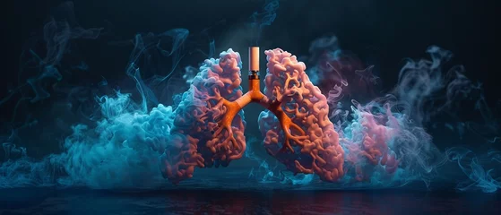 Foto op Plexiglas A pile of e cigarettes vape smoked pieced different colours together into the shape of a lung, with smoke permeating it and a black background,high detail, hyper quality, high resolution © NatthyDesign