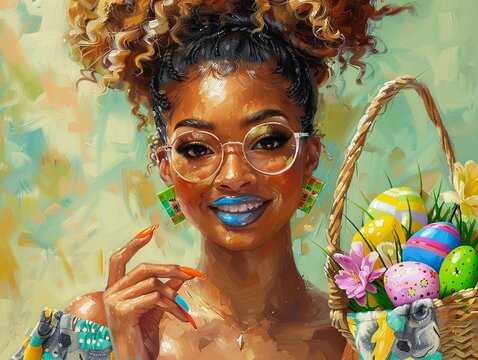 an Caribbean Beautiful Black Woman, Caramel skin, brown eyes, lion rimmed eye glasses, honey blond high ballerina bun hairstyle