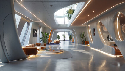 Modern Office Interior with Conceptual 3D Art Visualizing Business Collaboration and Advancement - obrazy, fototapety, plakaty