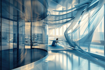 Sleek Office Interior with Visually Striking 3D Artistic Elements Representing the Future of Corporate Collaboration