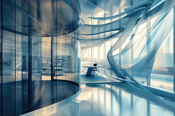 Foto op Plexiglas Sleek Office Interior with Visually Striking 3D Artistic Elements Representing the Future of Corporate Collaboration © GOLVR