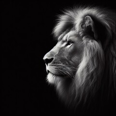 Portrait of a male lion on a black background. Monochrome lion art print.